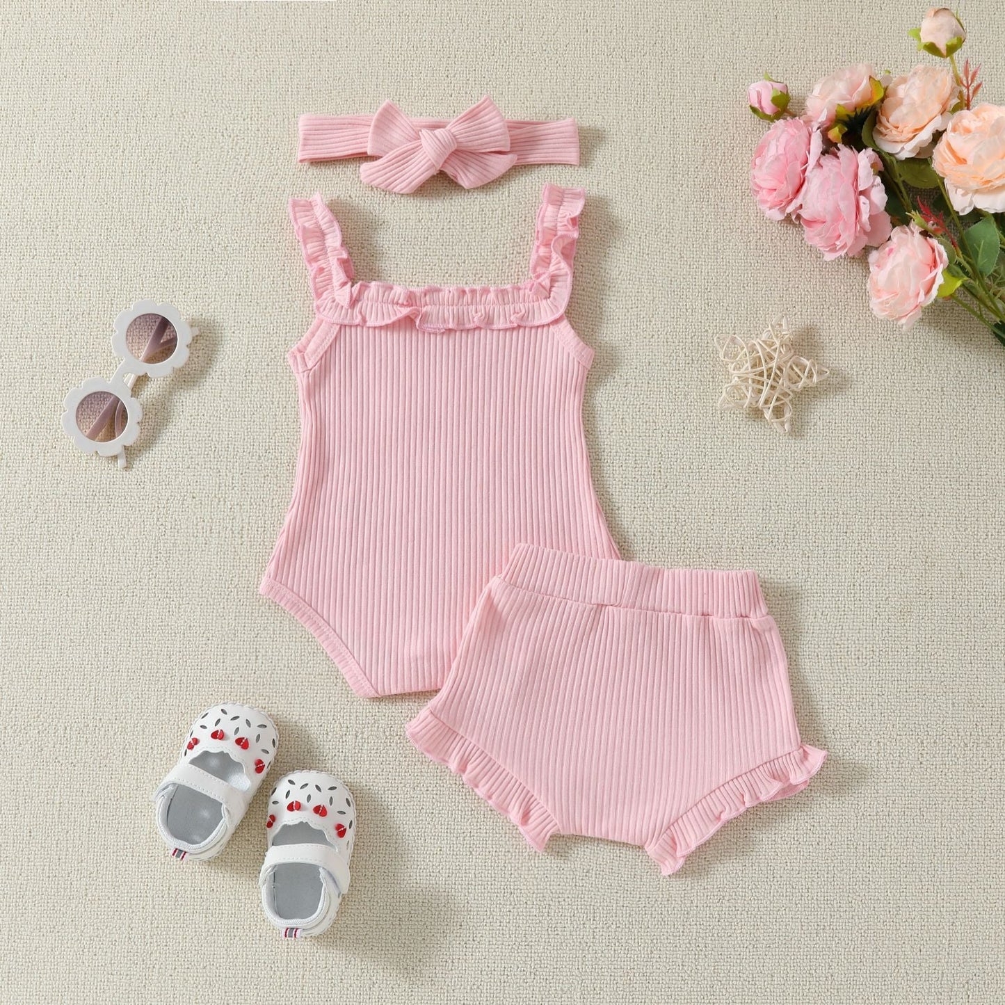 Suspender Top Solid Color Shorts Girls' Summer Two-piece Suit