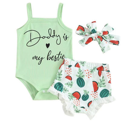 Baby Girl Chilren Waistcoat Sunken Stripe Letter Print Top Printed Shorts Triangle Rompers