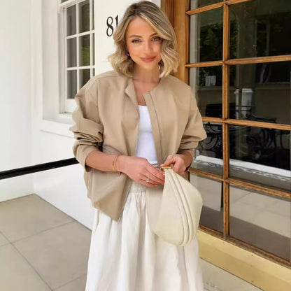 Zipped Round Neck Cargo Pocket Baggy Coat Women