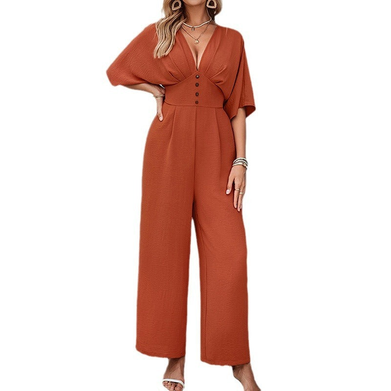 Women's Fashion Solid Color Short Sleeve Casual Jumpsuit