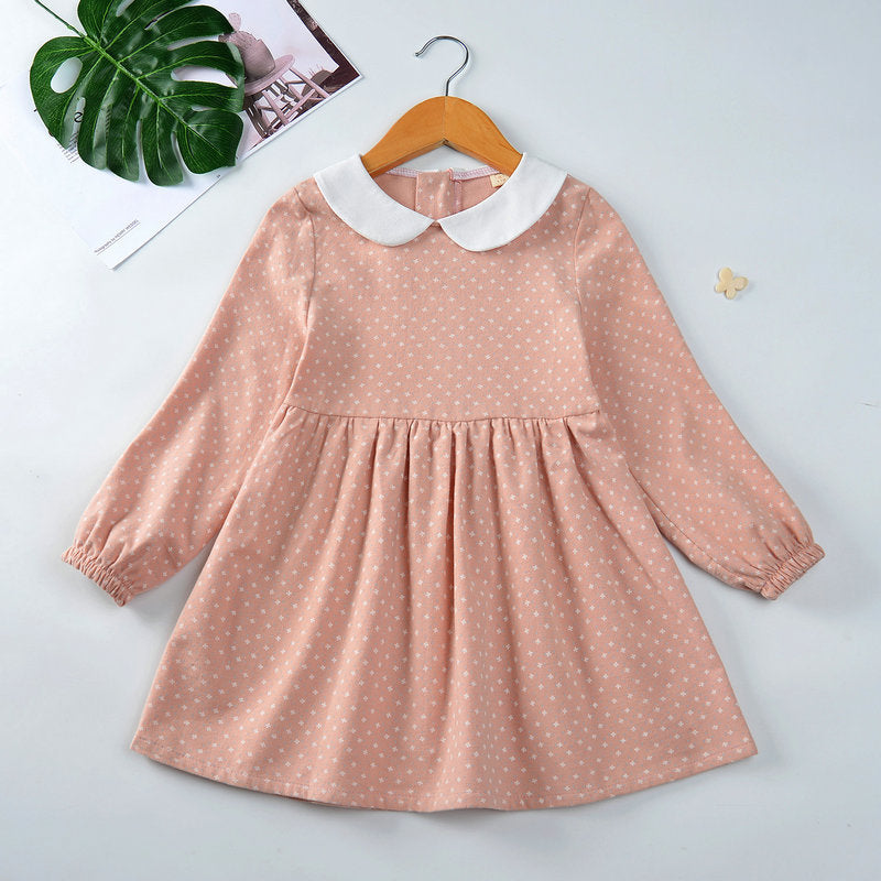Cotton Cute Doll Collar Long Sleeve Pleated Princess Dress