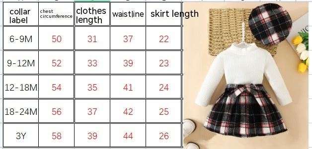 Turtleneck Top Drawstring Tartan Skirt Beret Three-piece Set