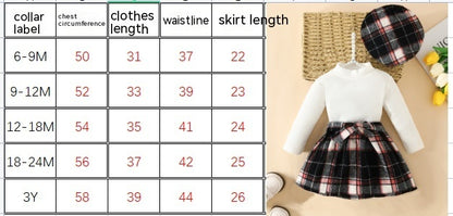 Turtleneck Top Drawstring Tartan Skirt Beret Three-piece Set