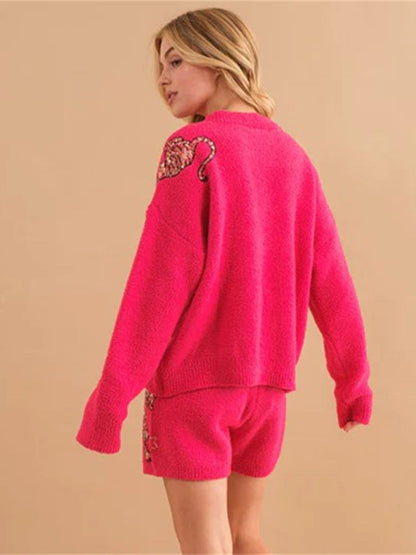 Fashion Suit Salt Tiger Embroidered Long-sleeved Round Neck Sweater Cropped Pants