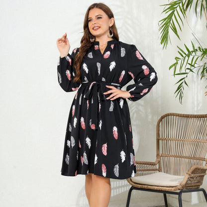 Printed Long Sleeve Waist-tight European And American Plus Size Dress