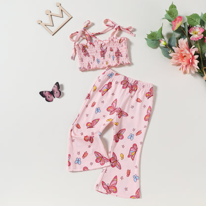 Girls Bandeau Sling Midriff-baring Top Bell-bottom Pants Suit