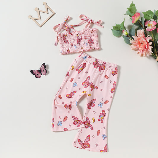 Girls Bandeau Sling Midriff-baring Top Bell-bottom Pants Suit