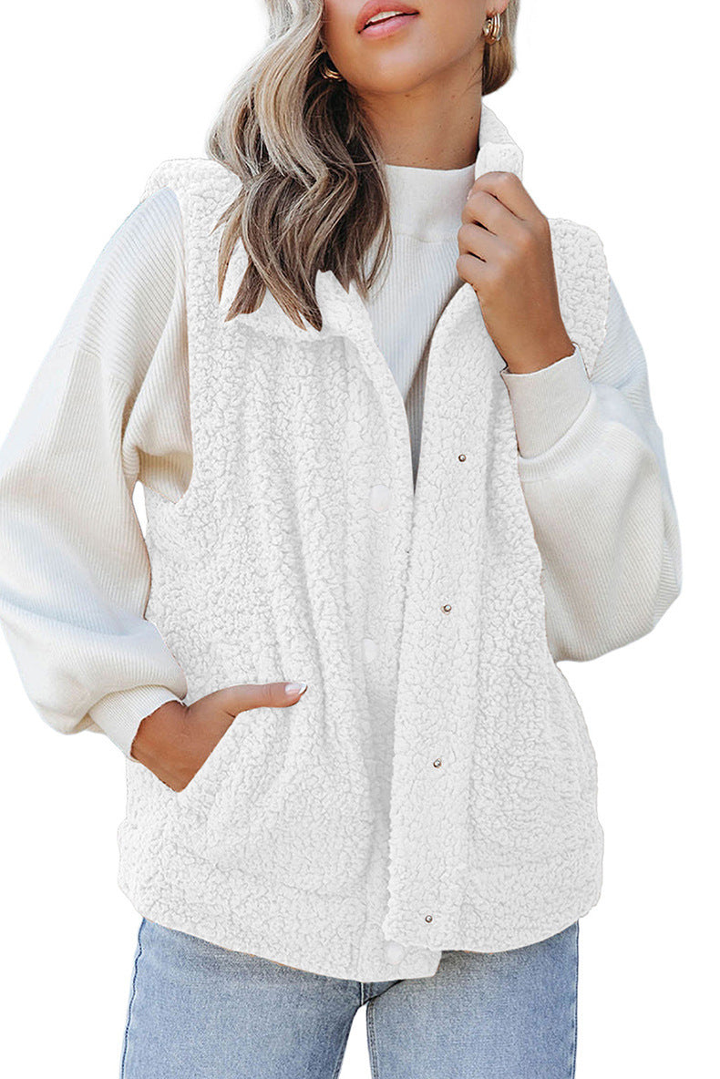 Autumn And Winter Solid Color Vest Women's European And American Leisure Style Button Pocket Warm Sleeveless Top