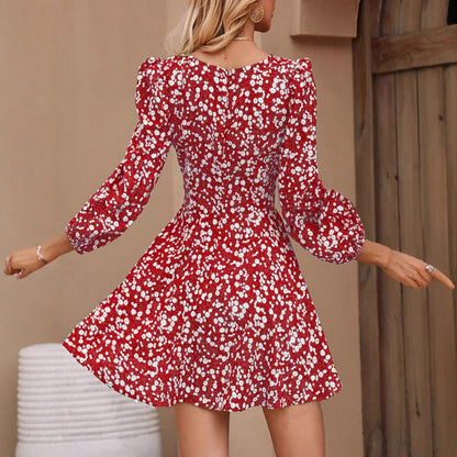 New Floral Tie-waist Puff-sleeve High-waist Flared Dress