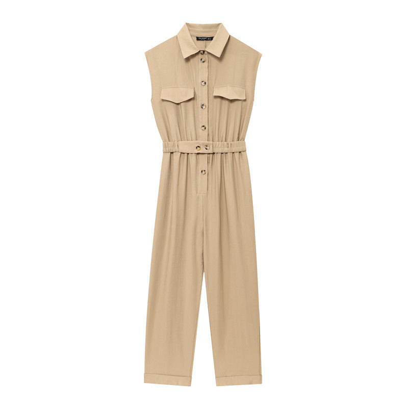 High-grade Solid Color Sleeveless Slim Temperament With Belt Jumpsuit