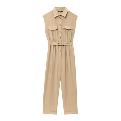 High-grade Solid Color Sleeveless Slim Temperament With Belt Jumpsuit