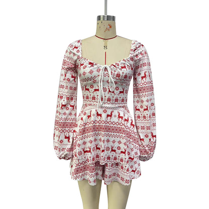 New Christmas Elk Printing Drawstring Backless Long Sleeves Dress