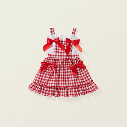 Girls' Red Plaid Bow Suspenders Princess Dress
