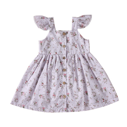 Children's Tricolor Floral Fly Sleeve Slip Dress
