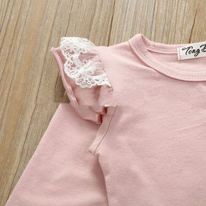 Infant And Toddler Cotton Lace Long-sleeved Harness Lace Long Pants Set