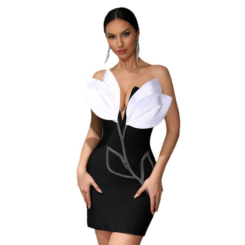 Black Sexy One-shoulder Sleeveless Flower Bandage Dress