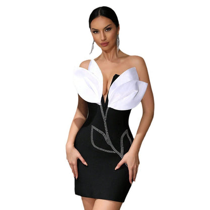 Black Sexy One-shoulder Sleeveless Flower Bandage Dress