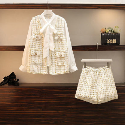 Autumn And Winter New Fat Sister Western Style Is Thin And Small Fragrance Vest Shirt Shorts Three-piece Suit