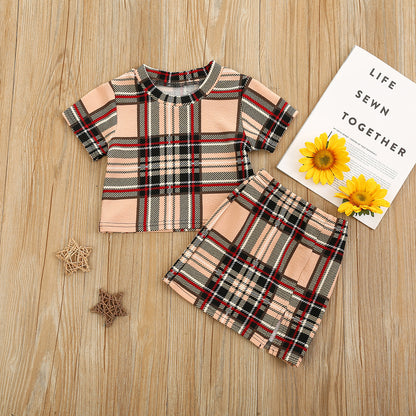 Girls Fashion Plaid Short Sleeve Top Skirt Two Piece Set