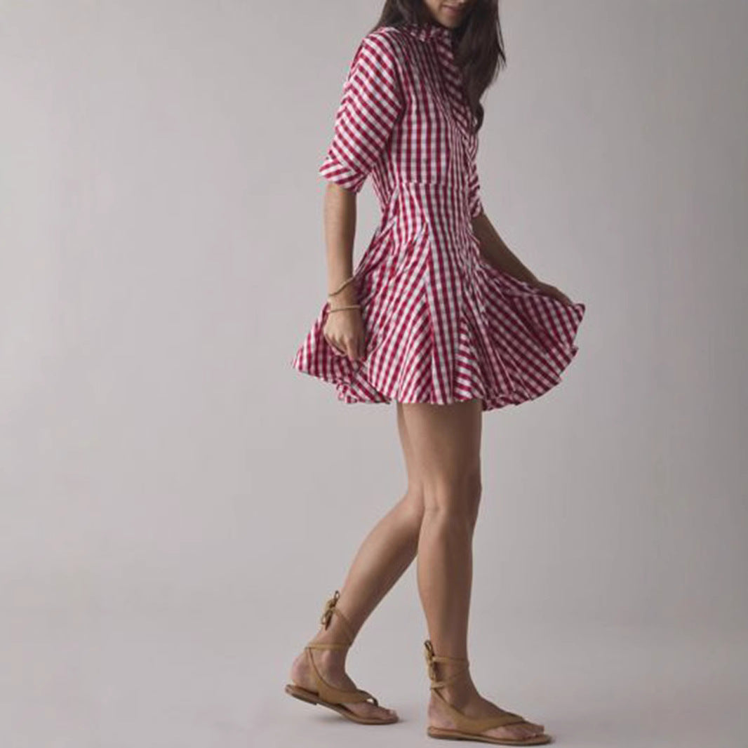 New French Sweet Red Plaid Waist-cinching Dress