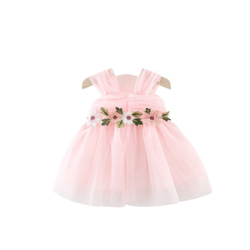 Girl's Mesh Strap Dress Waist Flower Princess Beautiful Dress