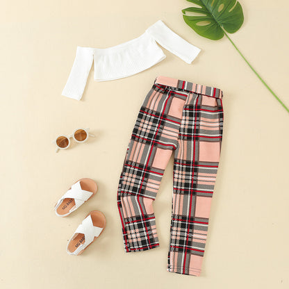 Girls Off Shoulder Top Plaid Trousers Suit