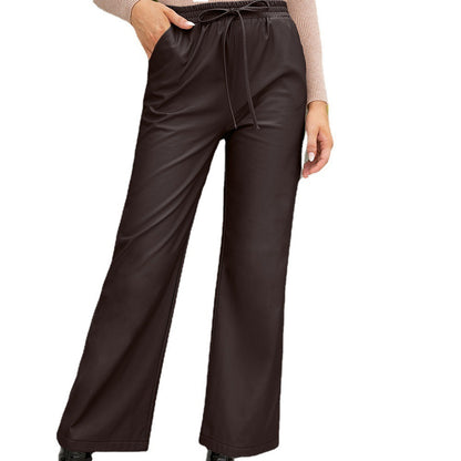 PU Loose Trousers Motorcycle Leather Straight Wide Leg Leather Pants Women
