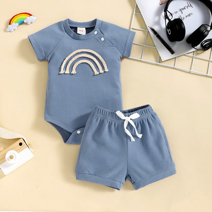 Rainbow Waffle Four-color Side Button Short Sleeve Baby Bodysuit Shorts Suit