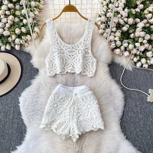 Women's Weaving Hollow Short Vest Shorts Set