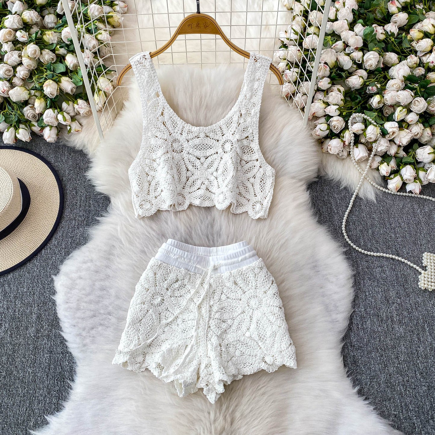 Women's Weaving Hollow Short Vest Shorts Set