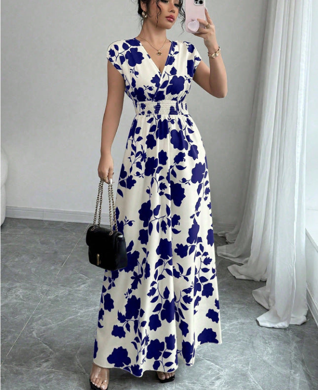 Short Sleeve Lace-up Dress Printed V-neck