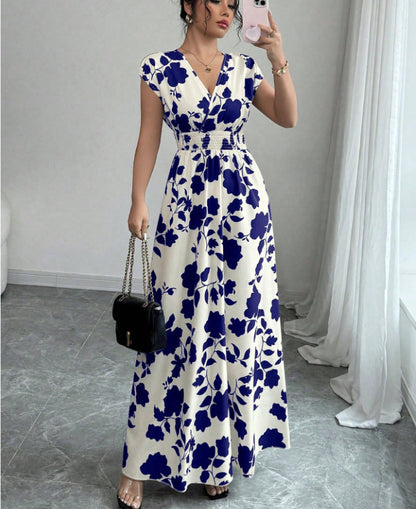 Short Sleeve Lace-up Dress Printed V-neck