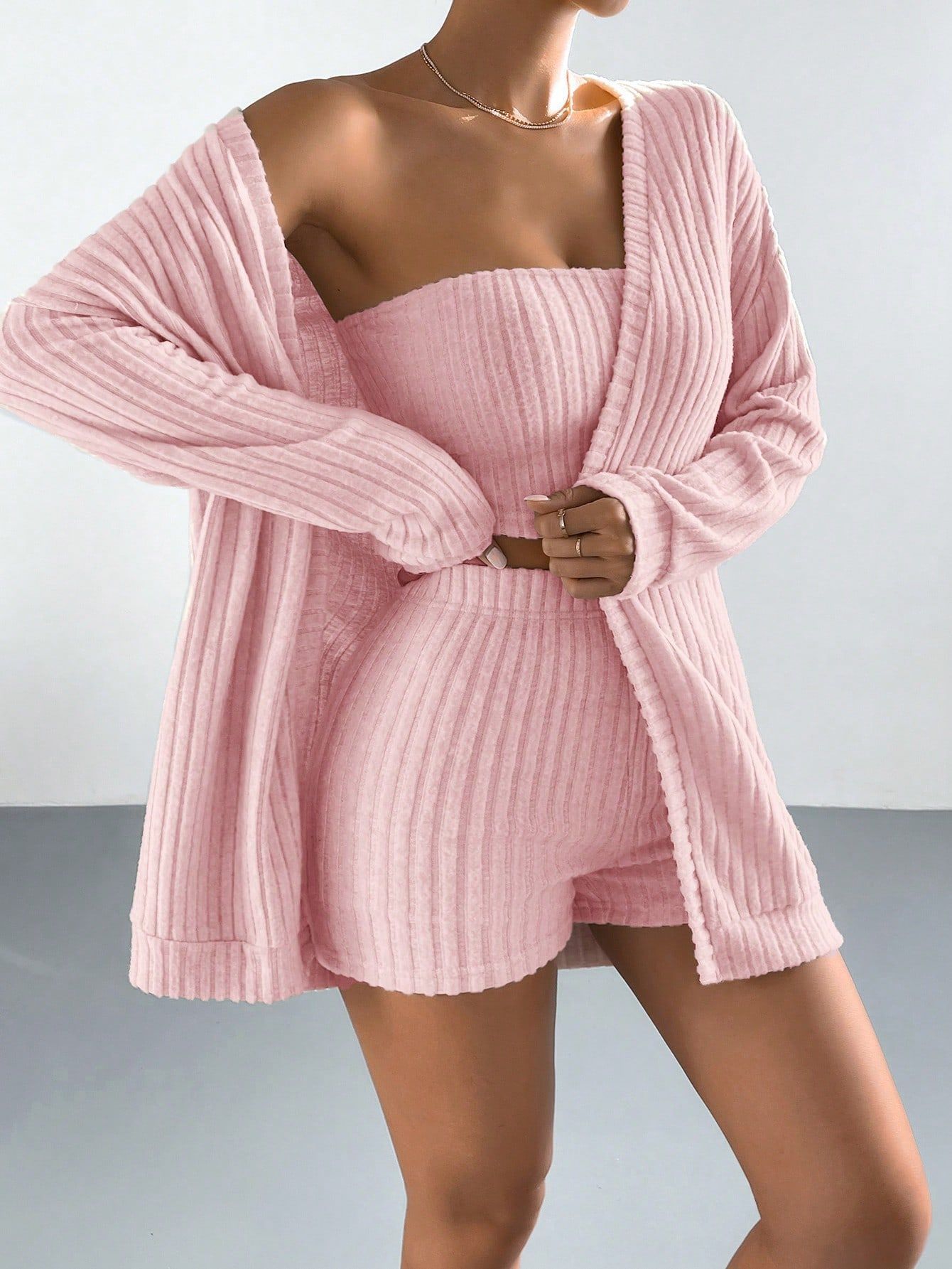 Brushed Striped Women's Pajama Three-piece Set