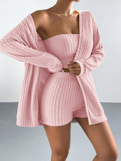 Brushed Striped Women's Pajama Three-piece Set