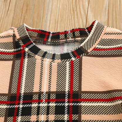 Girls Fashion Plaid Short Sleeve Top Skirt Two Piece Set