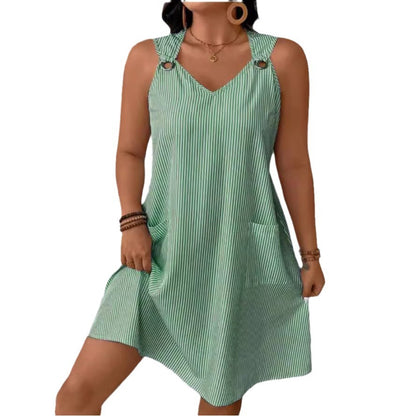 New Round Neck Striped Style With Pockets Suspender Jumpsuit Skirt