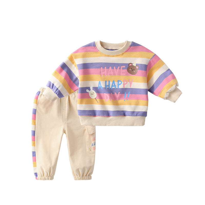 Baby Color Stripes Cartoon Bear Long Sleeve Two-piece Set