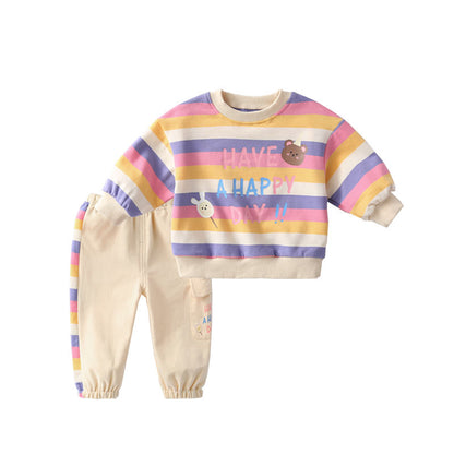 Baby Color Stripes Cartoon Bear Long Sleeve Two-piece Set