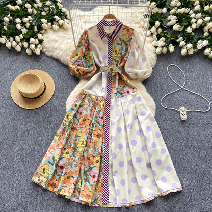 Women's Vintage Court Printed Lantern Sleeve Dress