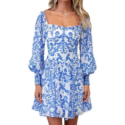 Square Collar Printed Long Sleeve Mini Dress Women