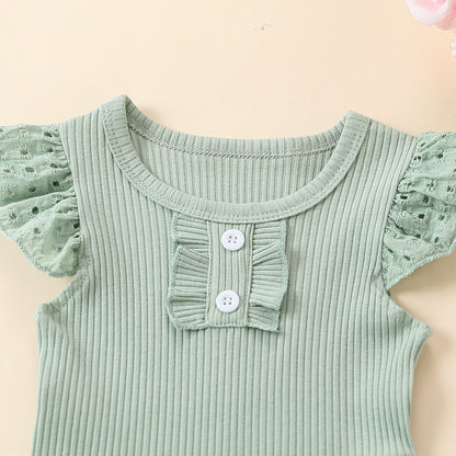 Girls' Flounced Sleeve Buttons Sunken Stripe Cotton Shorts Suit