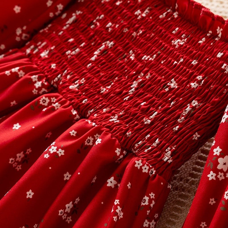 Autumn Girls' Long Sleeve French Puff Sleeve Princess Floral Skirt