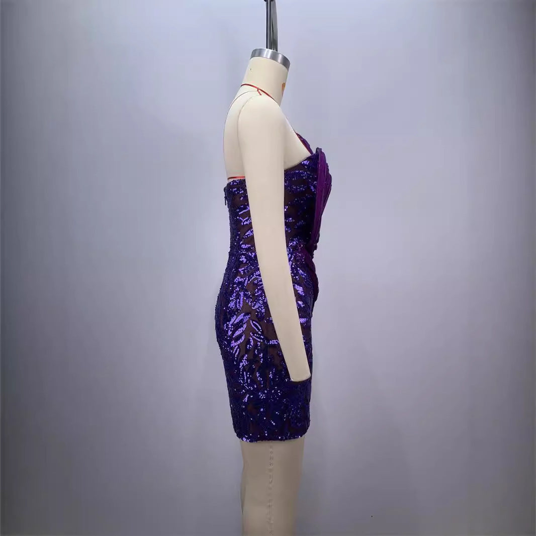 Fashion Backless Off-shoulder Tube Top Mesh Sequins Tight Purple Mini Dress
