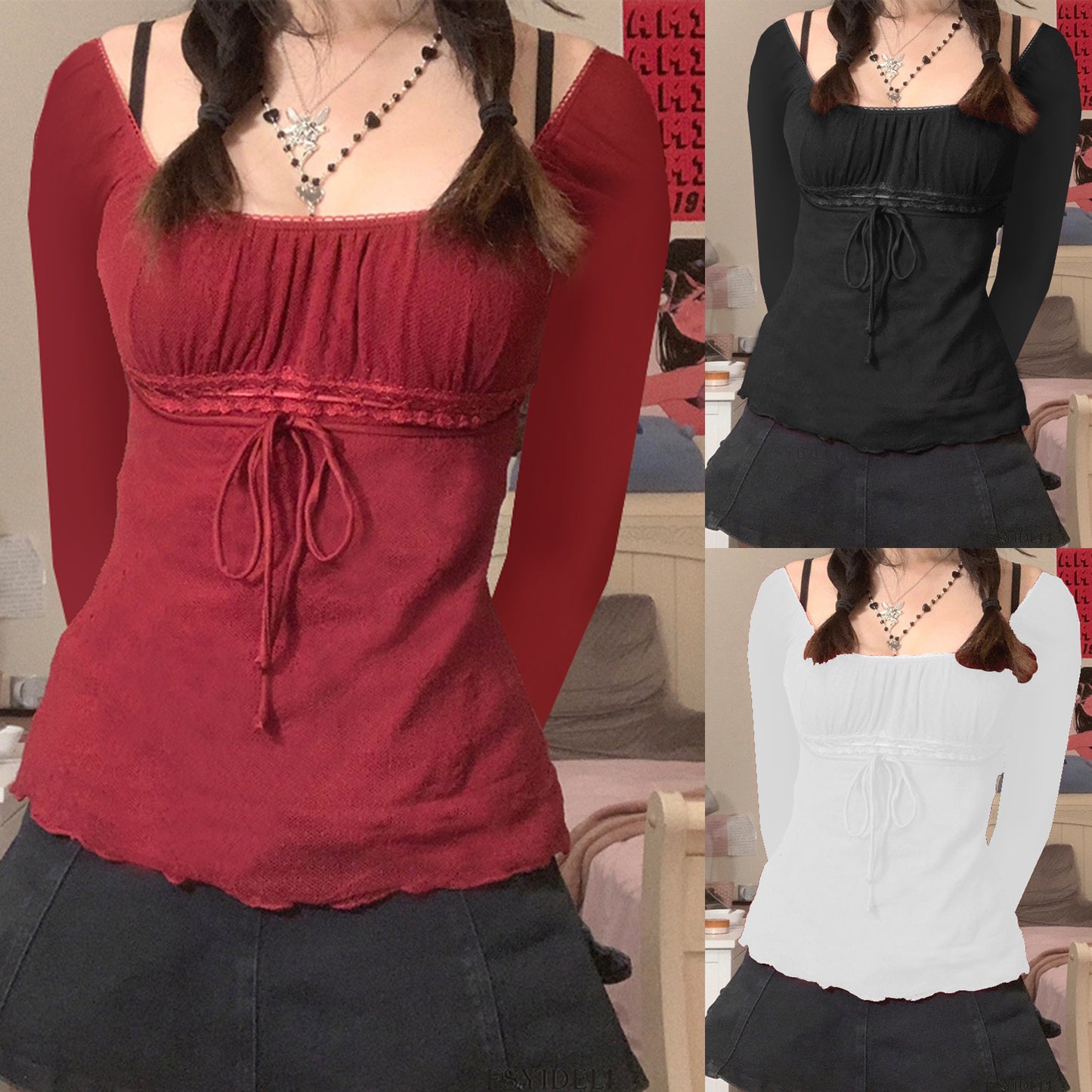 Autumn Mesh Lace Pullover Bow Waist Long Sleeve Top