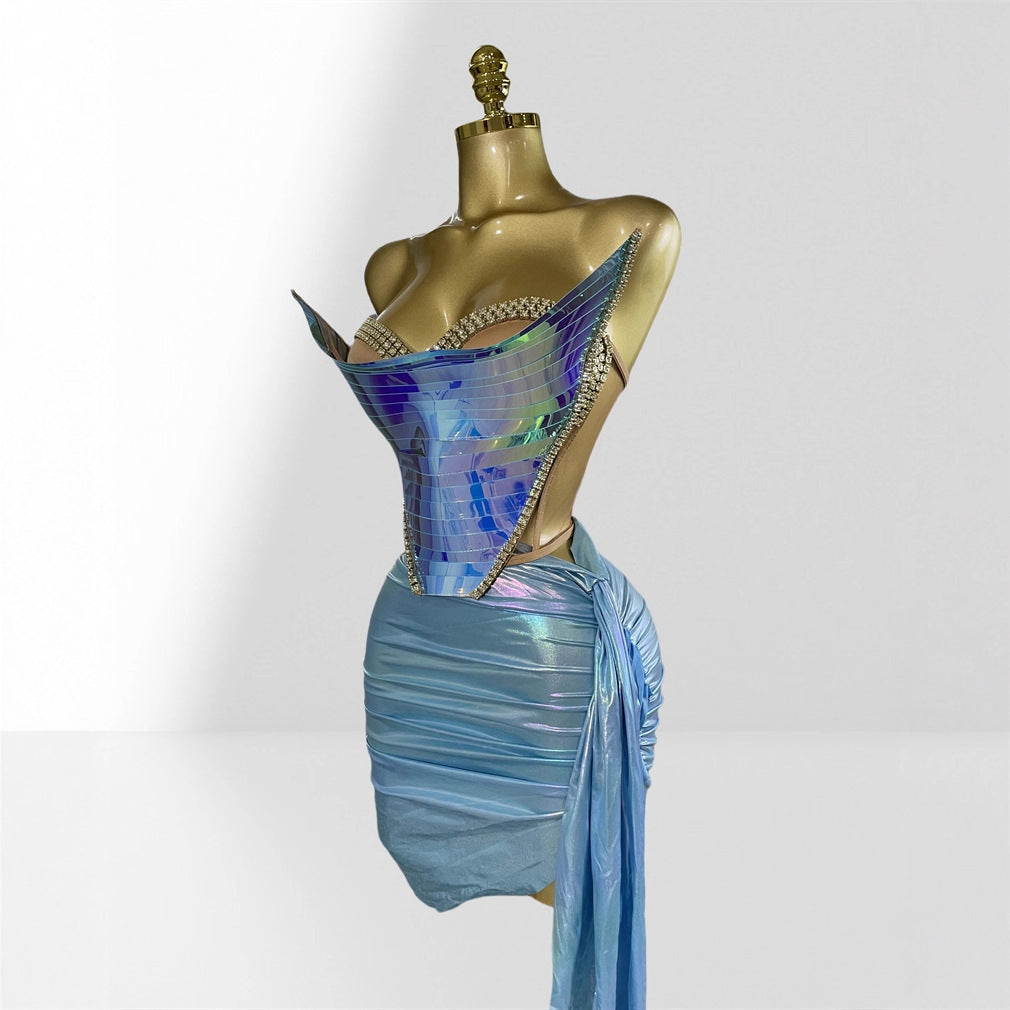 Fashionable Metal Mirror Three-dimensional Design Top Hip Skirt