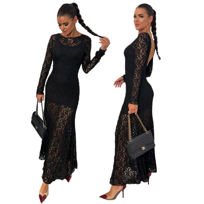 Sexy Backless Lace Long Sleeve Solid Color Strap Long Dress