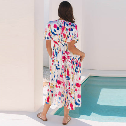 European And American Leisure All-match Multicolor Printed Cropped Dress