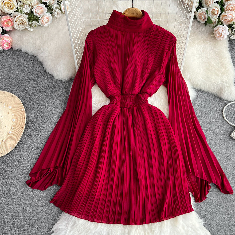 Horn Long Sleeves Stand Collar Waist A-line Chiffon Dress