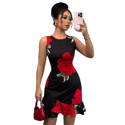 Waist Belt Slim-fit Printed Large Swing Dress