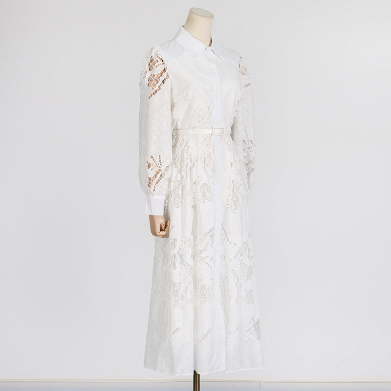 Lapel Long Lantern Sleeve Mid-length With Embroidery Dress